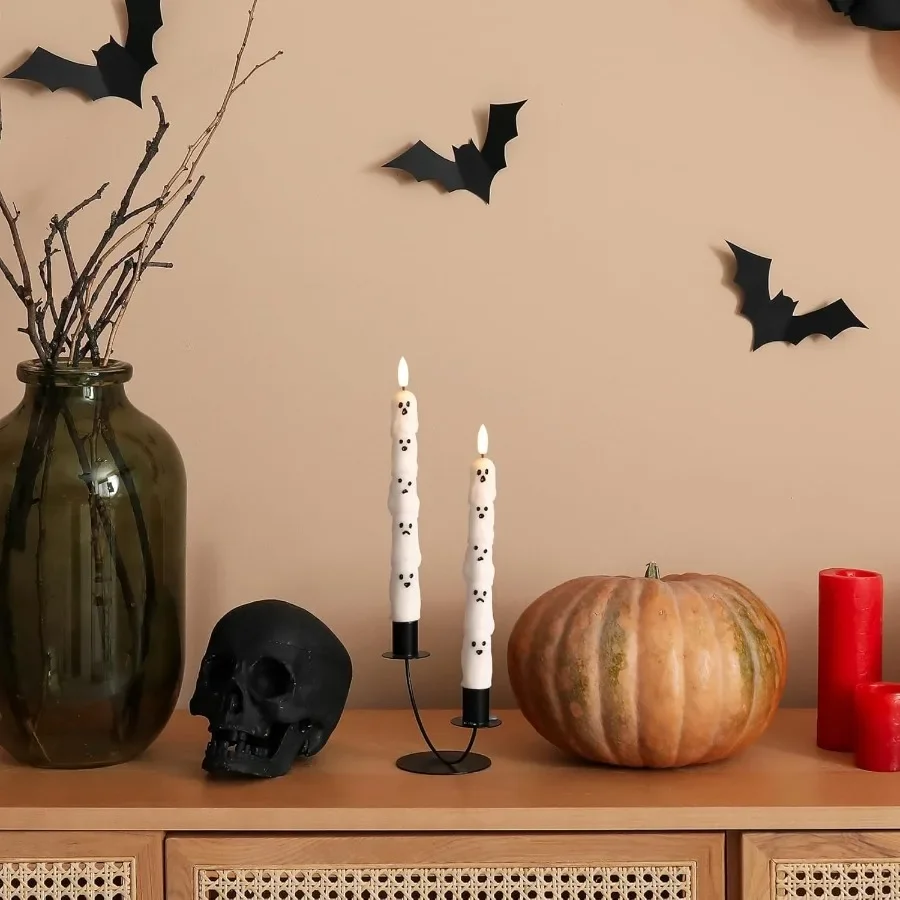 Halloween Flameless Taper Candles with Remote Control for Spooky Atmosphere: Battery Operated Flickering LED Candlesticks Set o