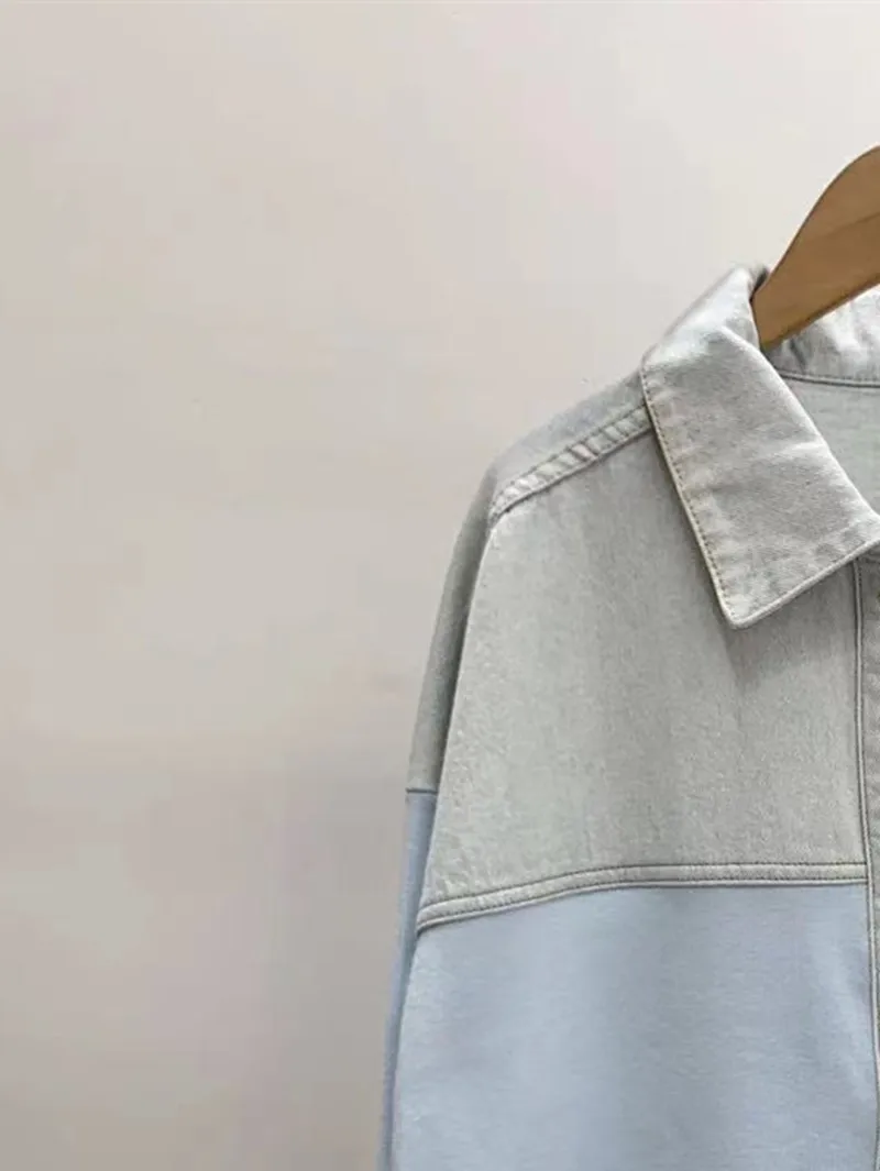 

Spring Summer Contrast Color Denim Splicing Jacket for Ladies 2024 New Women Simple Single-Breasted Long-Sleeved Denim Coat