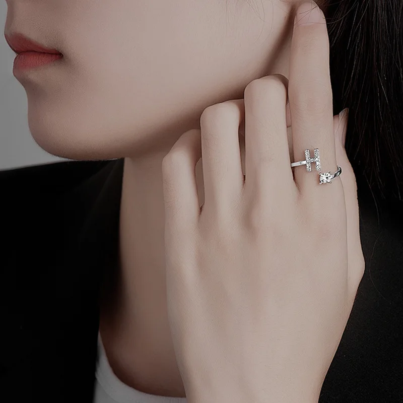 Zircon Initial A-Z Letter Ring For Women Metal Adjustable Opening Ring Name Alphabet Female Wedding Gift opening ring