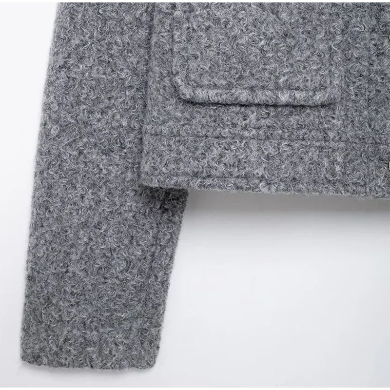 Elegant Woolen Blends Coat For Women O-neck Metal Button Gray Long Sleeve Pockets Jackets Autumn Lady High Street Outwear