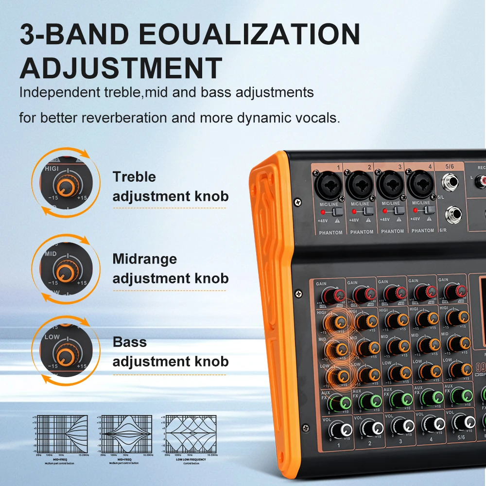 LEUS BOS4/6 Channel 99 DSP Effect Audio Mixer Record PC 48V Phantom Power USB Sound Mixers Bluetooth DJ Console Mixing for Karaoke