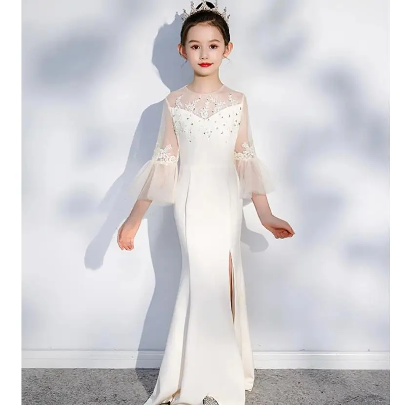 2023 New Sexy Girls Princess Mermaid Dress Lace Mesh Design Kids Wedding Birthday Party Catwalk Evening