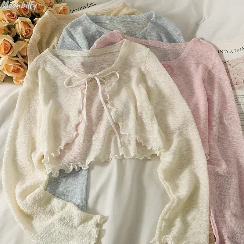 

Женский кардиган Frenum, блузки и топы, короткий топ на шнуровке с бантом и длинным рукавом, женская элегантная рубашка, тонкая эстетичная одежда в Корейском стиле