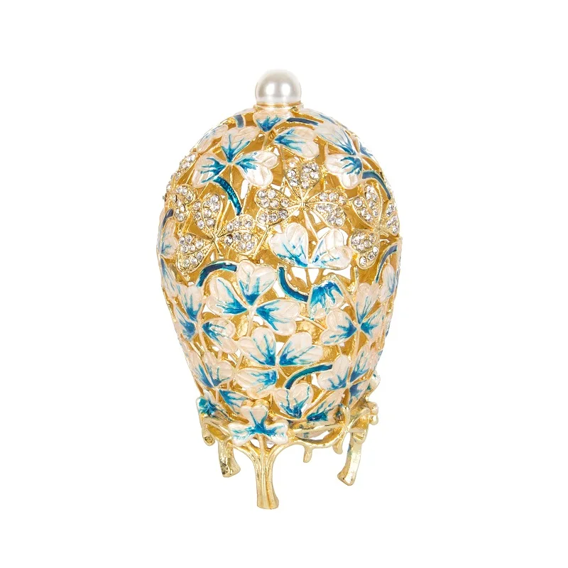 QIFU Beautiful Hollow White Leaf Faberge Egg Jewelry Trinket Box Crafts Decor