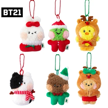 라인 프렌즈 미니 크리스마스 시리즈, 귀여운 가방 걸이식 키체인, 애니메이션 피규어, 셀리니 비니 초니니 봉제 인형, 만화 반지 펜던트