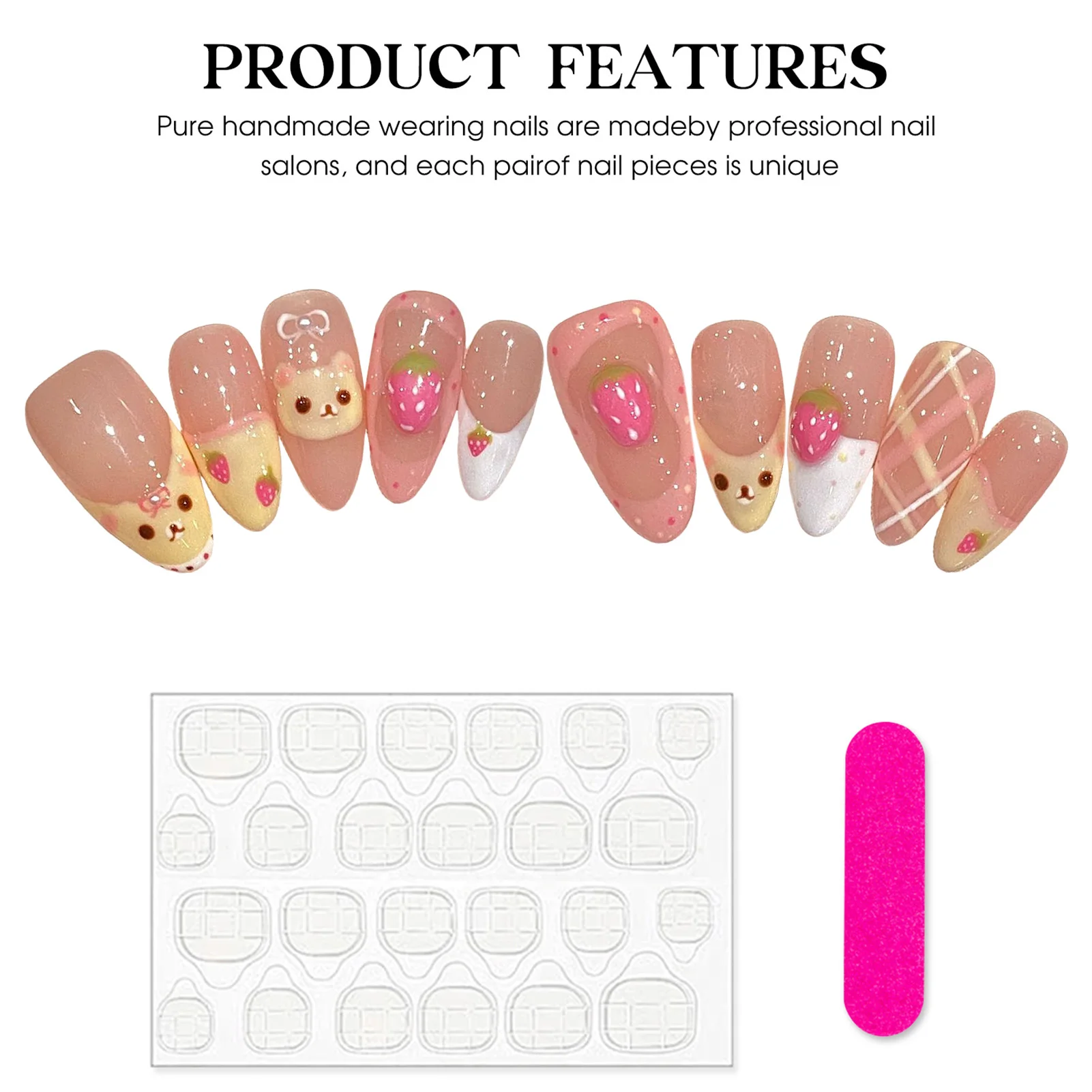 10pcs Pink Almond Press On Nails Handmade Oval French Style False Nails 3D Pink Strawberry Cute Bear Designs Fake Nail For Women - Image 4