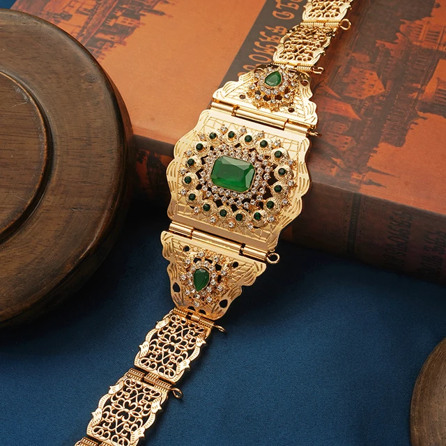 Morocco Women Caftan Belt Gold Color Red Green Stone Ethnic Wedding Dress Kaftan Abaya Metal Waist Chain Belt Jewelry Gold 10