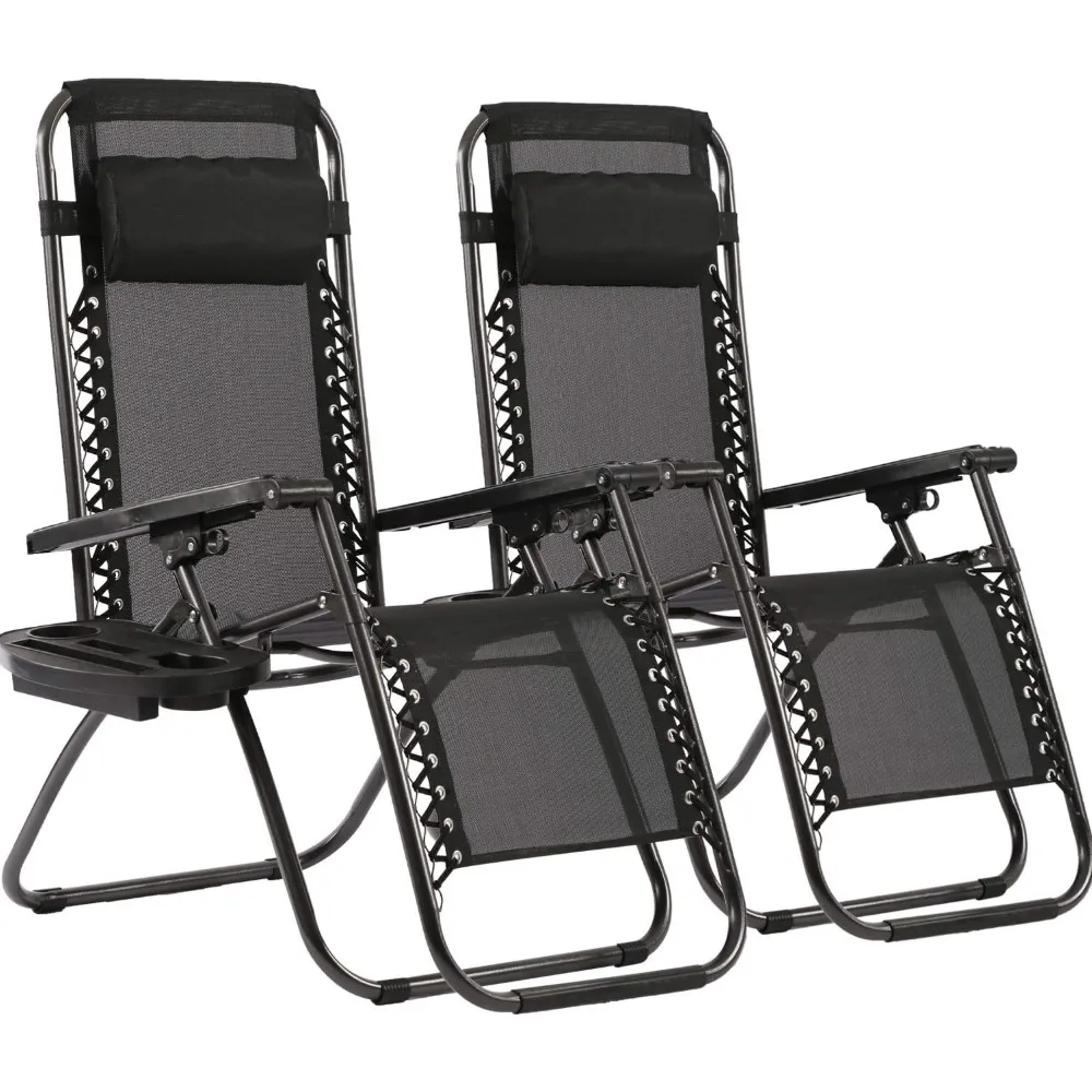 Zero Gravity Lawn Lounge Chairs Set of 2 with Pillow and Cup Holder - Adjustable Reclining Folding Outdoor Chairs for Deck, 2