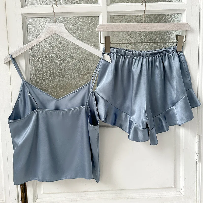 2Pcs Set Silk Women Pajama Sets Fashion Soild Suspenders and Shorts With Hanging Bag Home Wear Set Sexy Suspenders For Women