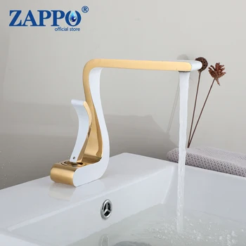 Zappo ก๊อกอ่างอาบน้ำก๊อกน้ำในห้องน้ำเดี่ยวสีทองสีขาวแบบก้านเดี่ยวผสมน้ำร้อนเย็นติดตั้งบนดาดฟ้าดีไซน์โค้งสวยงาม 1