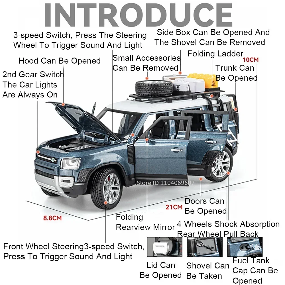 1:24 Diecast Metal Land Rover Defender Toy Car with Sound, Light, and Shock Absorption - Doors Open for Children's Edutainment