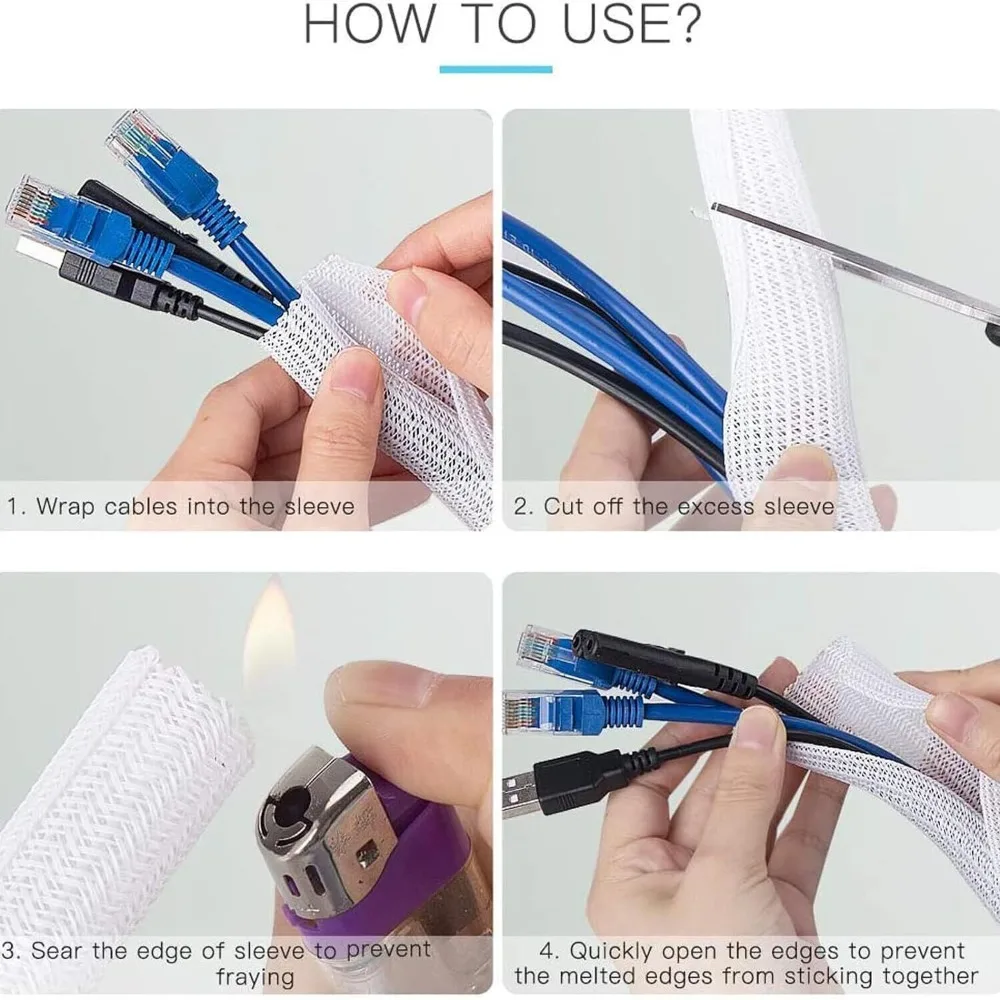 Cable Protector Cable Wire Protector Protective Sleeve PET Braid Sleeves PET Cable Tidy Sleeve Self Closing Cuttable Size Cable Organiser Expandable Wire Protector