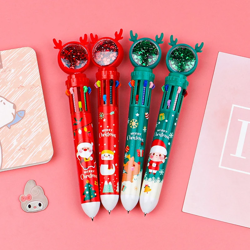 Christmas 10-color Ballpoint Pen Student Press-type Color Pen Santa Claus Presses The Ballpoint 0.5mm School Stationery