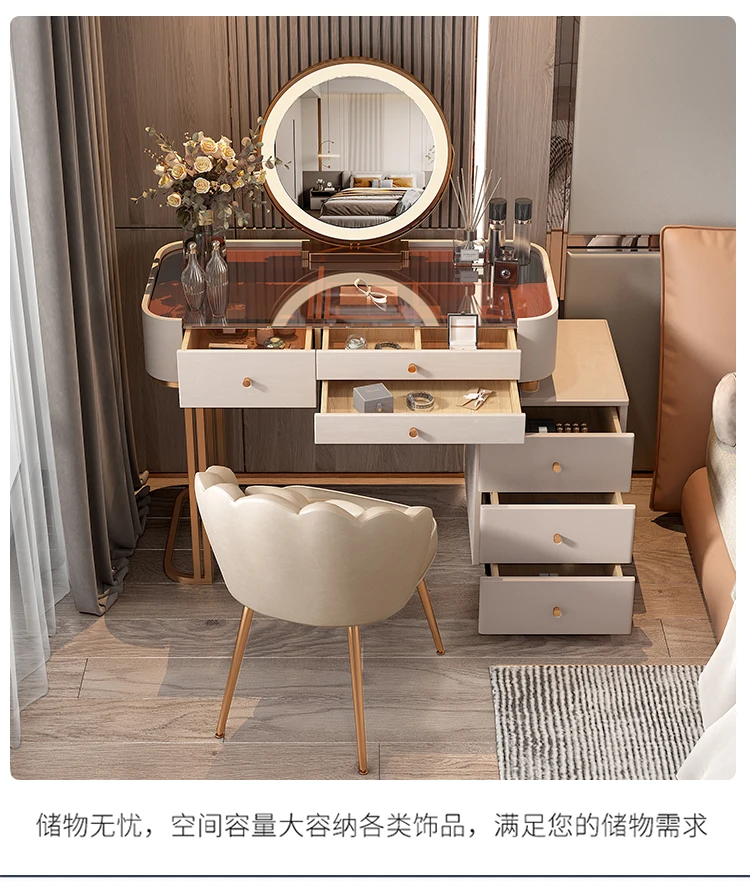Description Picture 4 of itemWooden Luxury Makeup Table Mirror Cabinets Women Mid Century Dressing Table Modern Comfortable Mesa De Maquillaje Home Furniture
