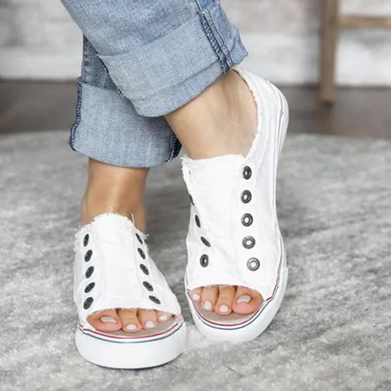 White Korean Style Flat Heels Canvas Shoes Women Vulcanized Shoes Fashion Peep Toe Women's Sandal