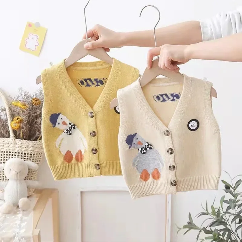 

Baby's Clothes Autumn Children Cute Cartoon Duck Vest Cardigan Sweater Kids Knitting V-neck Vests Coat Baby Soft Cozy Clothing