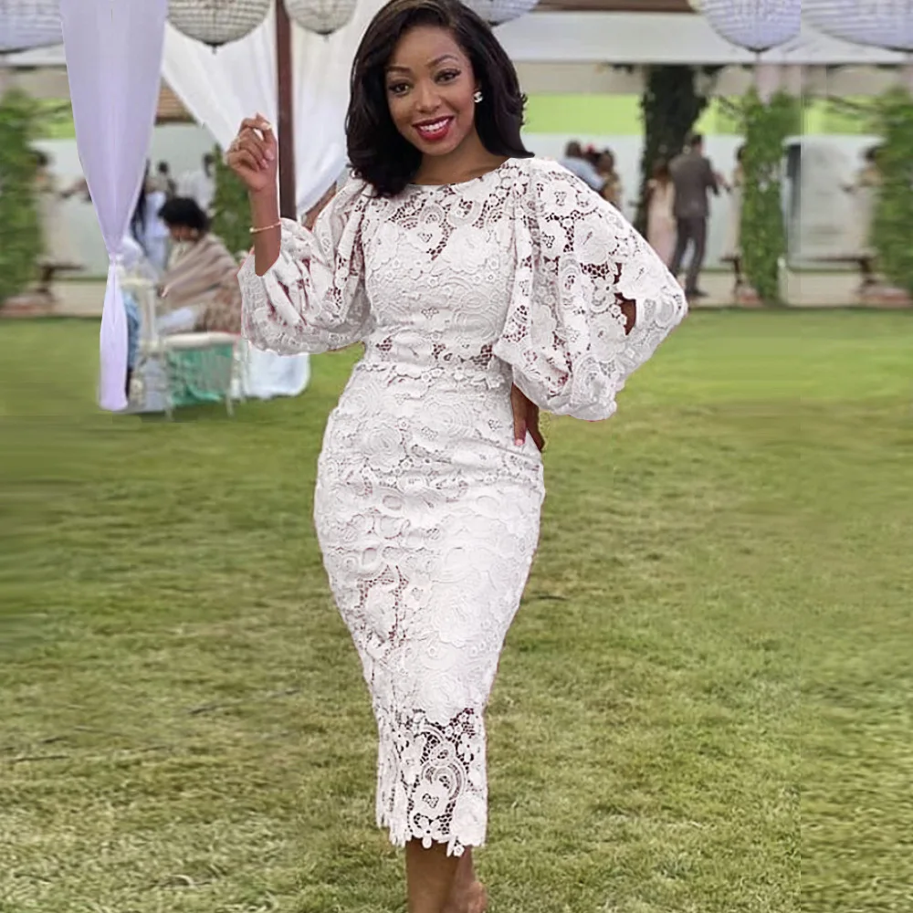 

Женское вечернее платье средней длины, кружевное платье с длинными рукавами-фонариками и высокой талией