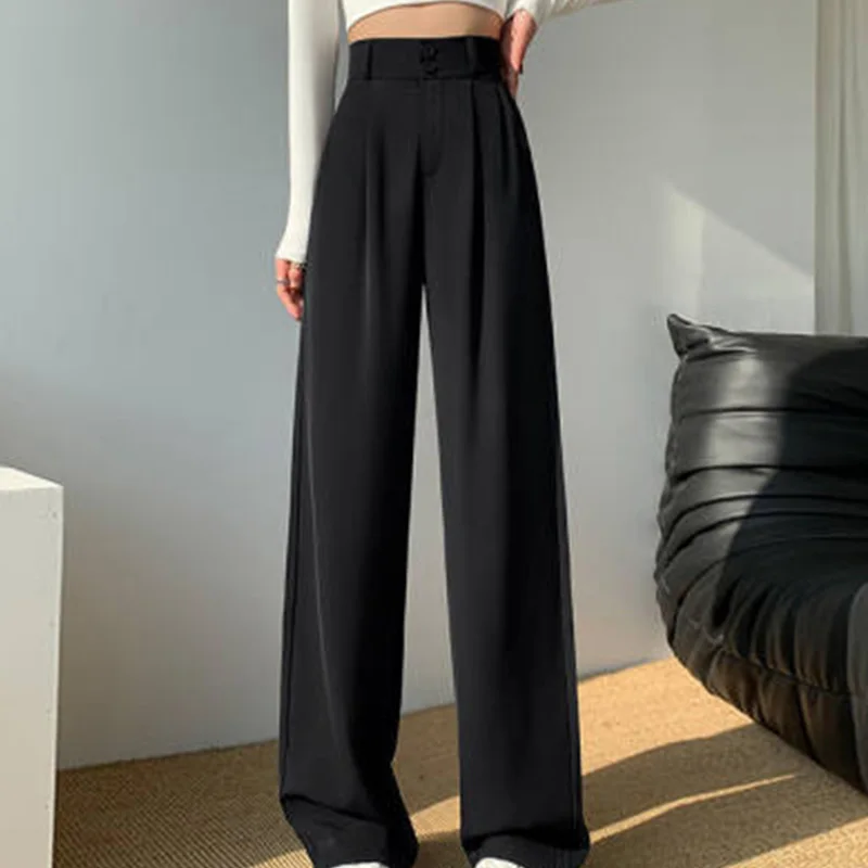 Jielur High Waist Wide Leg Pants for Women New Loose Straight Coffee Trousers Autumn Double Buttons Casual Suit Pants Female