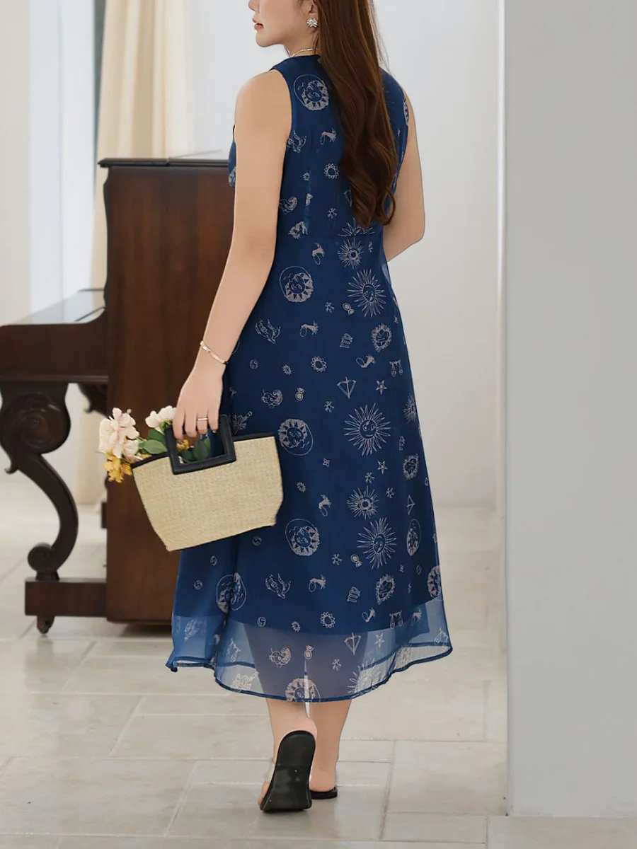 Women's Plus Size Modern Nautical Tank Dress With V-Neck Premium A-Line Galaxy Ocean Print Design Sleeveless Sundress