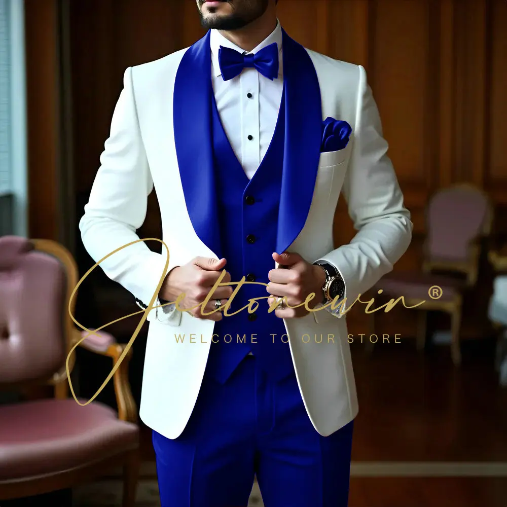 White 3 Pieces Men Suits Slim Fit Shawl Lapel Formal Best Man Wedding Groom Wear Blazer Sets Party Tuxedos Trajes De Hombre