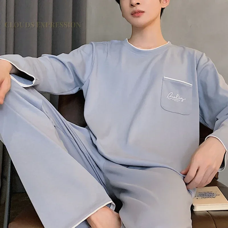 Spring Autumn Sporty Knitted Long-Sleeved Men's Pajamas Sets Letter Pajama For Men Sleepwear Suit Homewear 3XL pajama sets