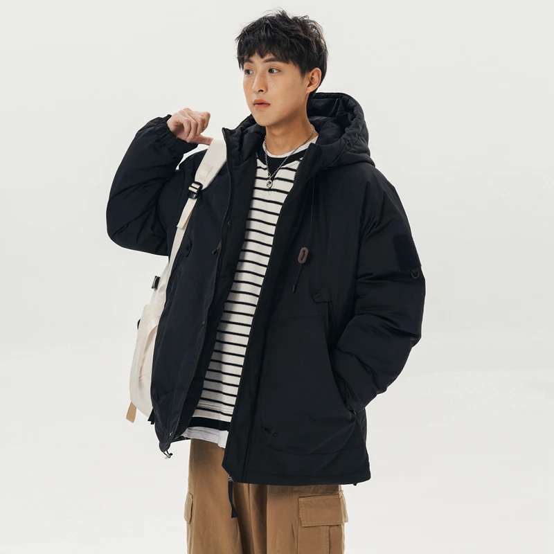 Windbreaker Men's Winter Tooling Outdoor Hooded Large Pocket Jacket Parkas Unisex Cotton-Padded Jacket Thick Warm Solid Color