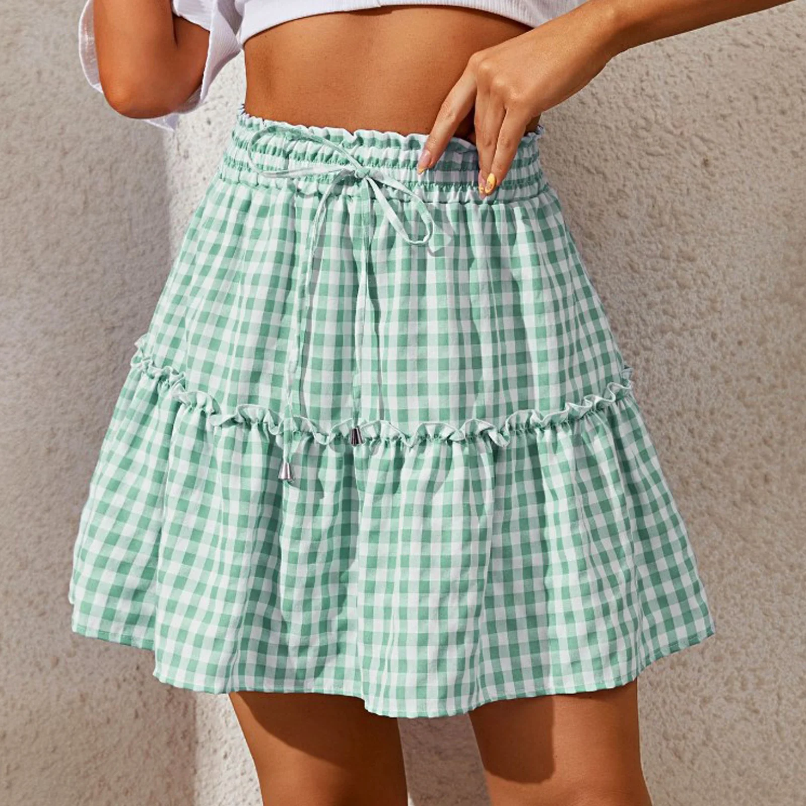 

Womens Cute Frilly Plaid Skirt Casual High Waist Bowknot Elastic Waistband Skirts for Vacation Holiday Beach Party