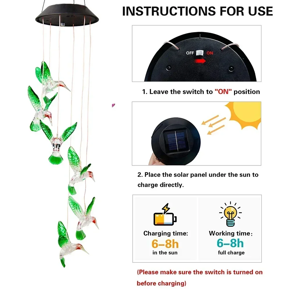 Christmas Solar Wind Chime Crystal Ball Hummingbird Wind Chime Lamp Waterproof Outdoor Use for Courtyard Garden Yard Decoration