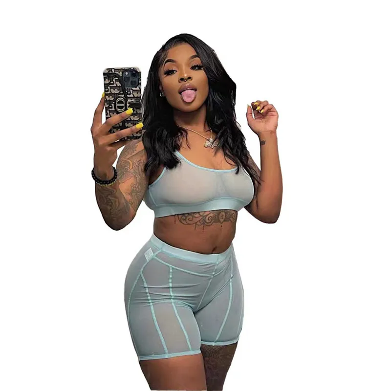 

Sexy Mesh See Through Women Shorts Two Piece Set New Summer Crop Tops Fashion Sportswear Bodycon Clothes Party NightClub Suits