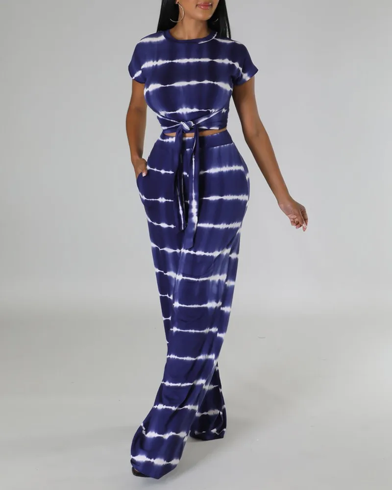 

2023 Summer New Women's Fashion Round Neck Temperament Commuter Print Tie Short-sleeved Trousers Suit Ensemble Femme 2 Pièces