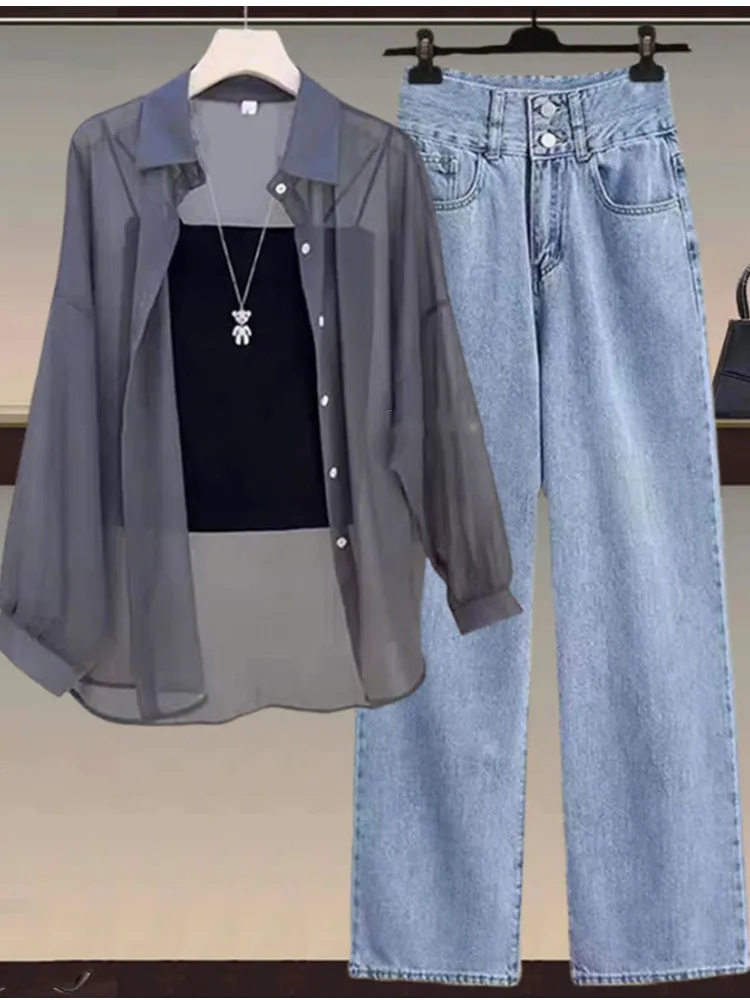 Summer Versatile Women's Set 2024 New Sun Proof Shirt Top Paired with Suspender Slimming Jeans Three Piece Set