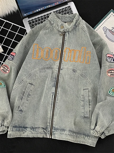 Retro American Motorcycle Sle Vintage Denim Jacket Men Women Spring Autumn Embroidery Heavyweight Loose Fit Long Sleeve Jacket