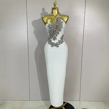 Sexy Backless Sparkly Crystal Diamonds White Bodycon Bandage Dress Women Celebrity Elegant Evening Club Party Birthday Dresses 1