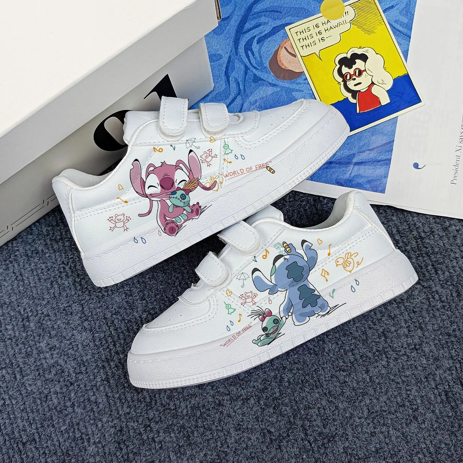 Disney zapatillas de deporte para niños y niñas, zapatos deportivos con estampado de Lilo & Stitch, Tenis planos para niños, zapatos blancos informales de dibujos animados StellaLou