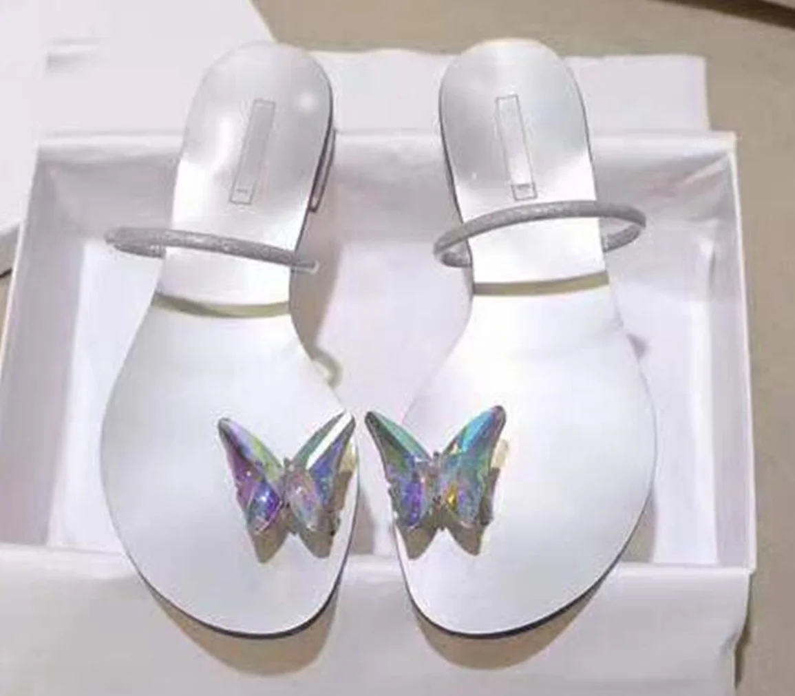 

2022 Women's sandals Shoes Low Heeled Sandals Female Summer Butterfly Crystal Sandals