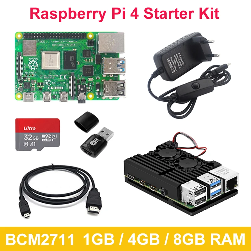 Raspberry Pi 4 Starter Kit 8Gb 4Gb 1Gb Ram Board Con Custodia In Alluminio Custodia Adattatore Di Alimentazione Cavo Compatibile Micro Hdmi