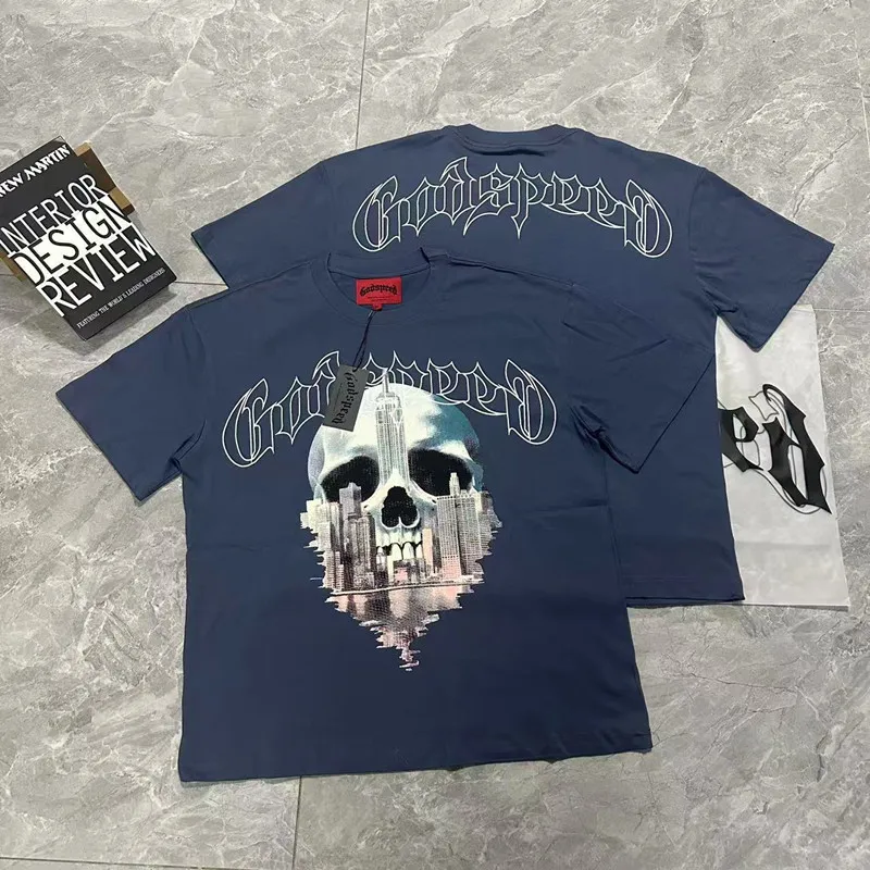 실제 사진 해골 프린트 블루 탑 GODSPEED 반팔 티셔츠 힙합 남녀 스트리트웨어 클래식 패션 당일 배송