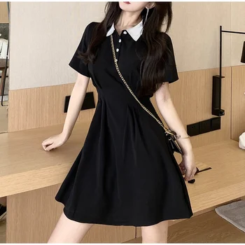 Women's Contrast Collar Polo Dress Summer Short Sleeve Button Front A Line Casual Mini Dress 1