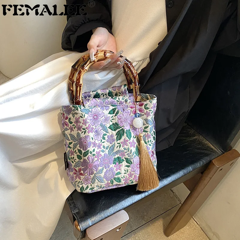 

Дизайнерская сумочка FEMALEE с бамбуковыми ручками, Женская Ретро сумка с вышивкой, Высококачественная сумка через плечо в китайском стиле, роскошные женские сумки на плечо