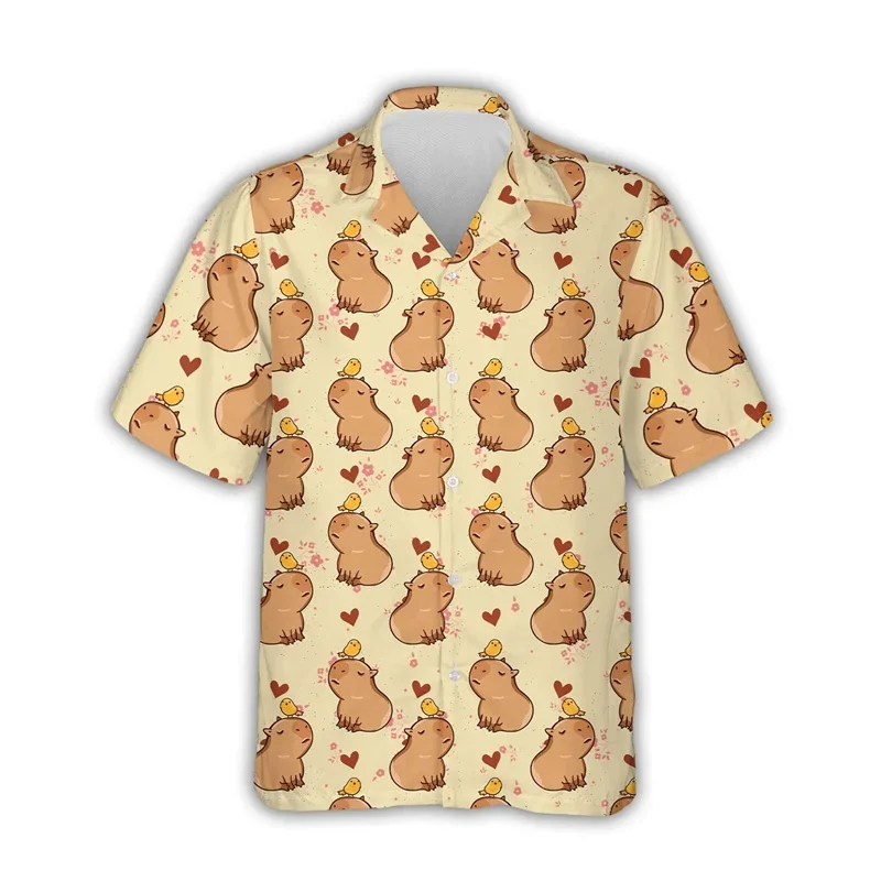 Kawaii Capybara Pattern Shirt Men's 3D Printed Hawaii Aloha Beach Men's Shirt Short Sleeve Cool Top Lapel Shirt 2