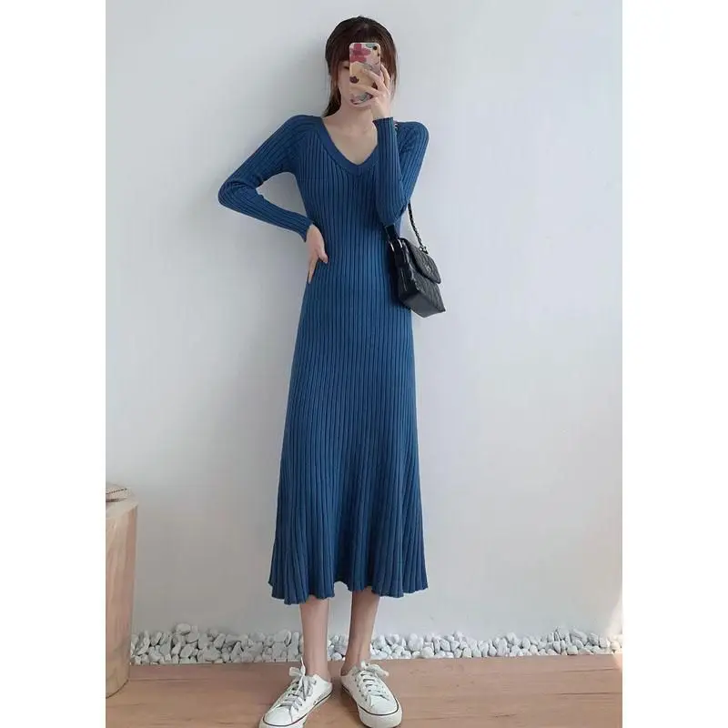 

Women Y2K Elegant Sexy Ladies Birthday Romantic Long Sleeve Party Solid Club Fashion Basics V Neck Blue Vacation Korean Dress