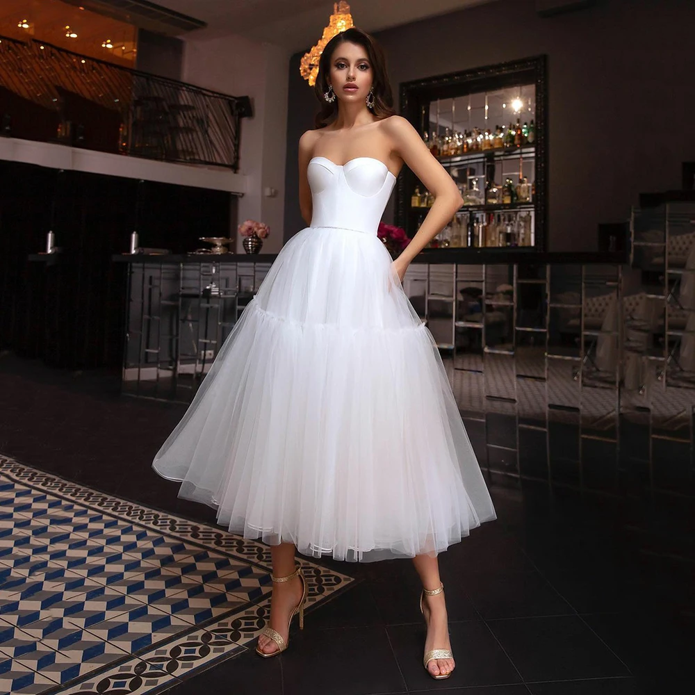 

UZN Short A Line Satin And Tulle Wedding Dress Sweetheart Tiered Wedding Dresses Simple Tea-Length Bridal Gowns 2023 Robes De Ma