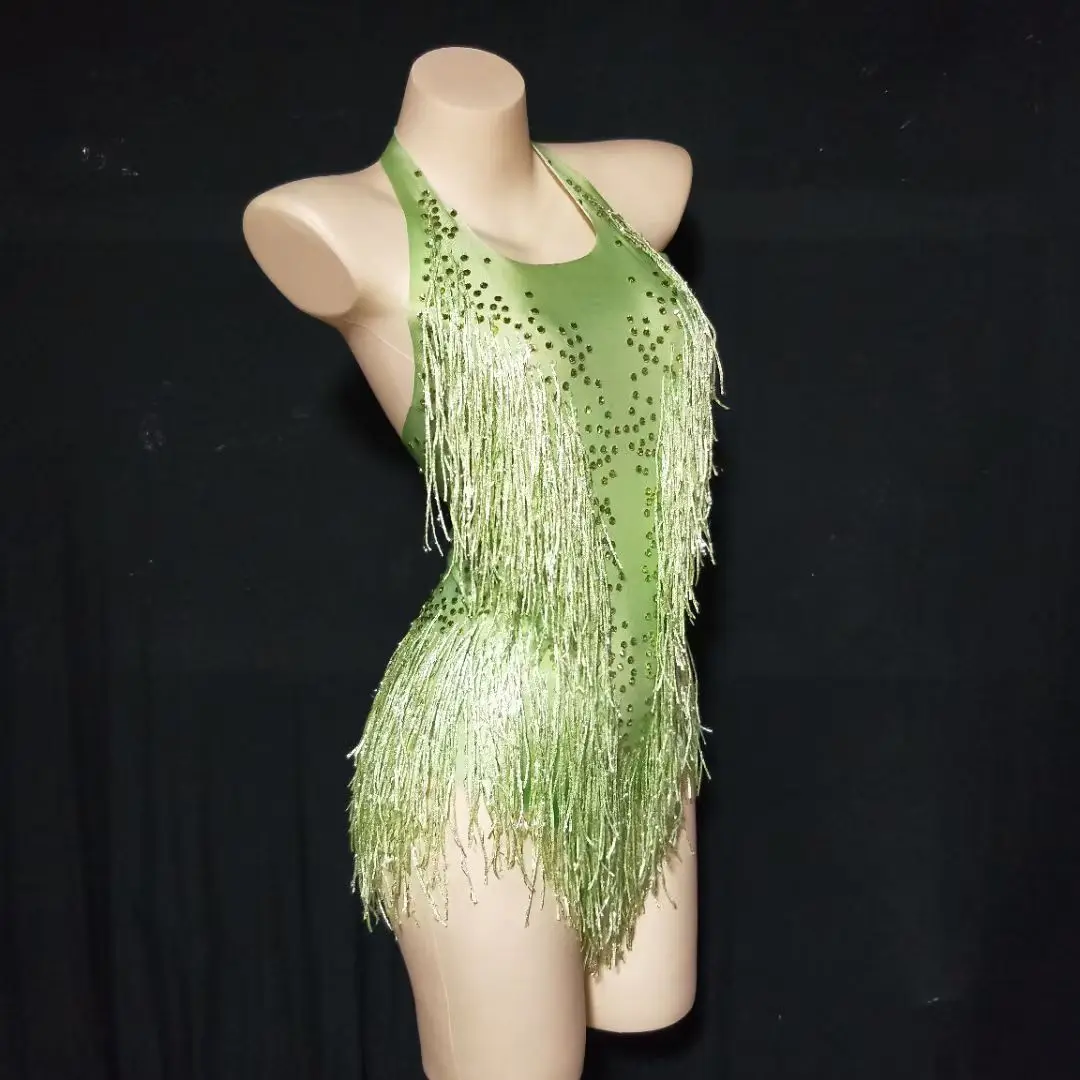 Sparkly Crystals Fringe Bodysuit Women DJ Jazz Dance Costume With Rhinestones Stage Performance Nightclub Show Outfit Rhinestones Dress Dance Dress