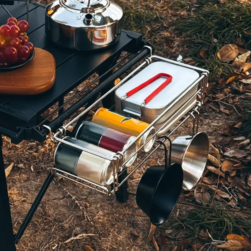 Outdoor stainless steel Table Side Storage Rack Hanging Mesh Table Expansion Bracket Folding Table Extension Basket Folding Rack