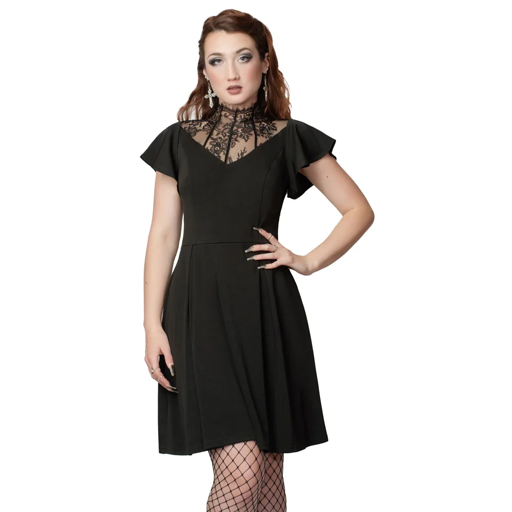 

SD Women's Vintage Retro Short Flutter Sleeve Lace Patchwork Neck A-Line Dress Casual Gothic Dress Cool Girl Fashion Clothing