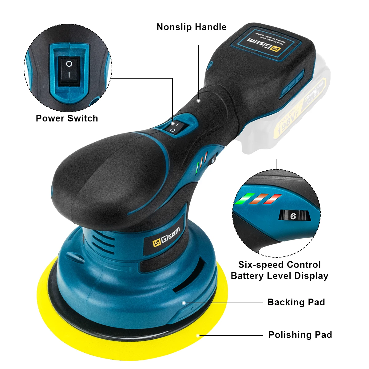 Gisam Brushless Car Polisher 6Gears Adjustment Wireless Car Polishing Machine Electric Polish Tool For Makita 18v Battery Pins car polisher cordless car polisher