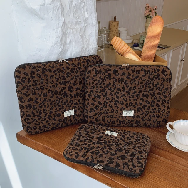Sac de rangement pour ordinateur portable en velours côtelé, décoration décontractée à imprimé léopard, 11/13/15 pouces, adapté aux déplacements quotidiens 1
