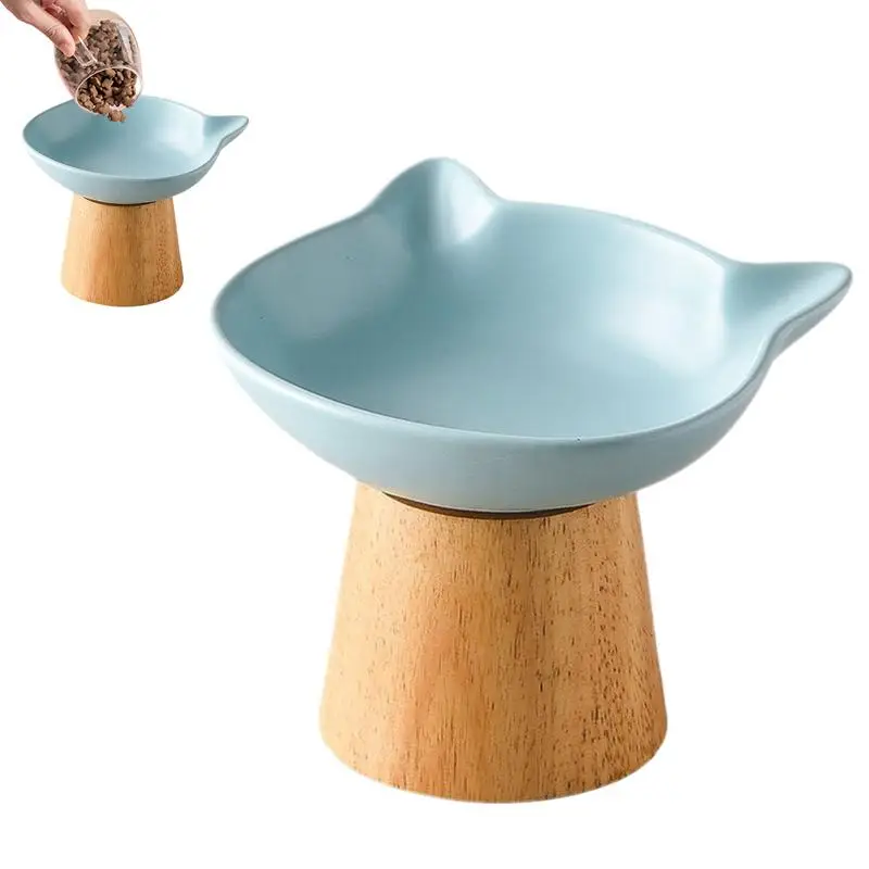 

Керамическая миска для кошачьего корма, приподнятая миска с нескользящей деревянной подставкой, широкая миска для кормления кошек, товары для полива