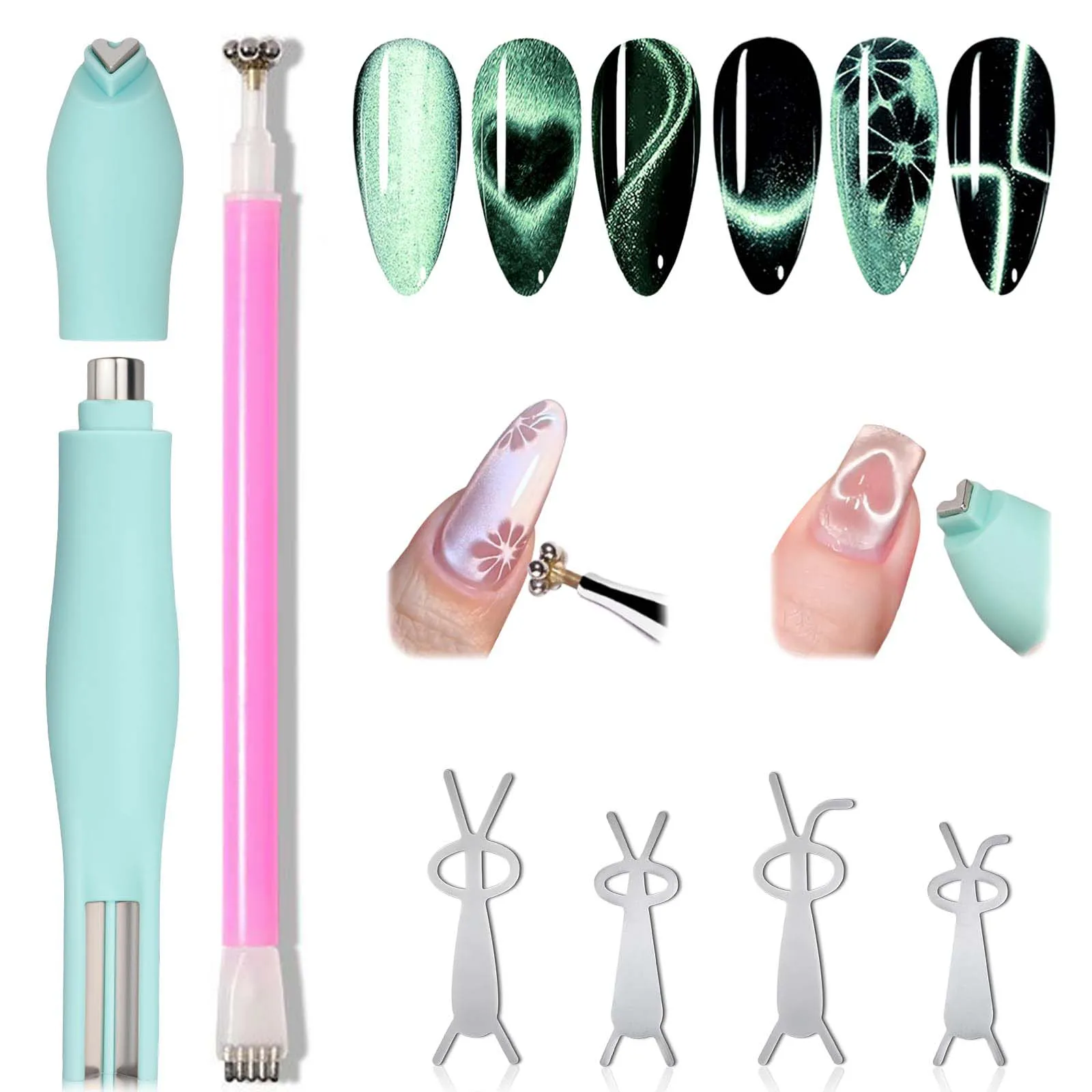 6pcs 3 in 1 Double Head Flower Design Professional Heart Cat Eye Magnet Gel Polish Magnetic Pen Rabbit Guides Nail Art DIY Tools