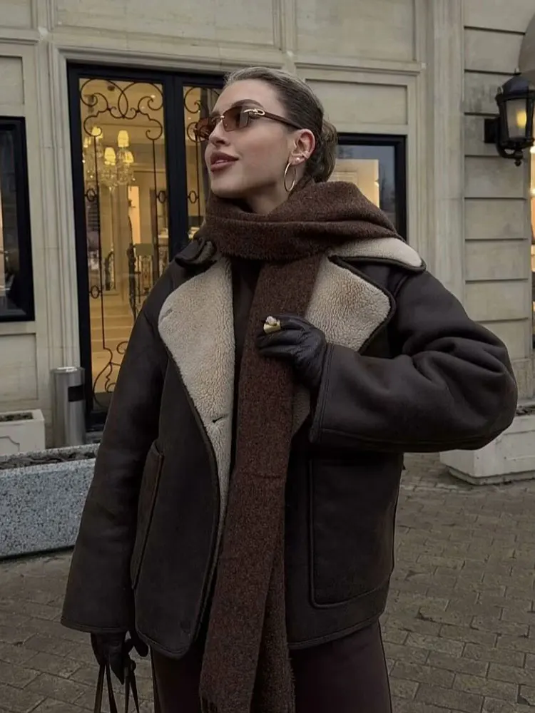 HH Autumn Winter Women Warm Faux Leather Jacket Single Breasted Long Sleeve Lapel Pockets Coats Female Casual Fleece Outerwear